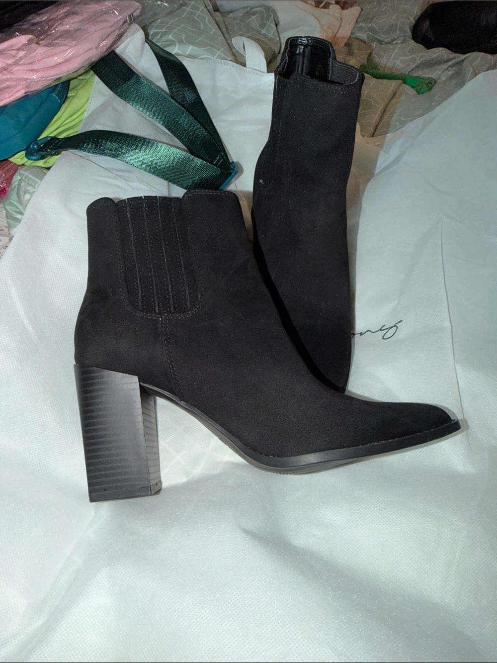 Black Suede Block Heel Ankle Boots - Women